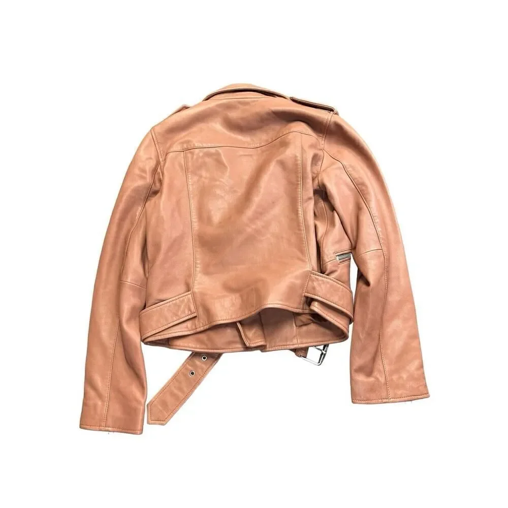 All Saints Balfern Belted Hem Leather Biker Jacket in Rosewood, in size 4 US